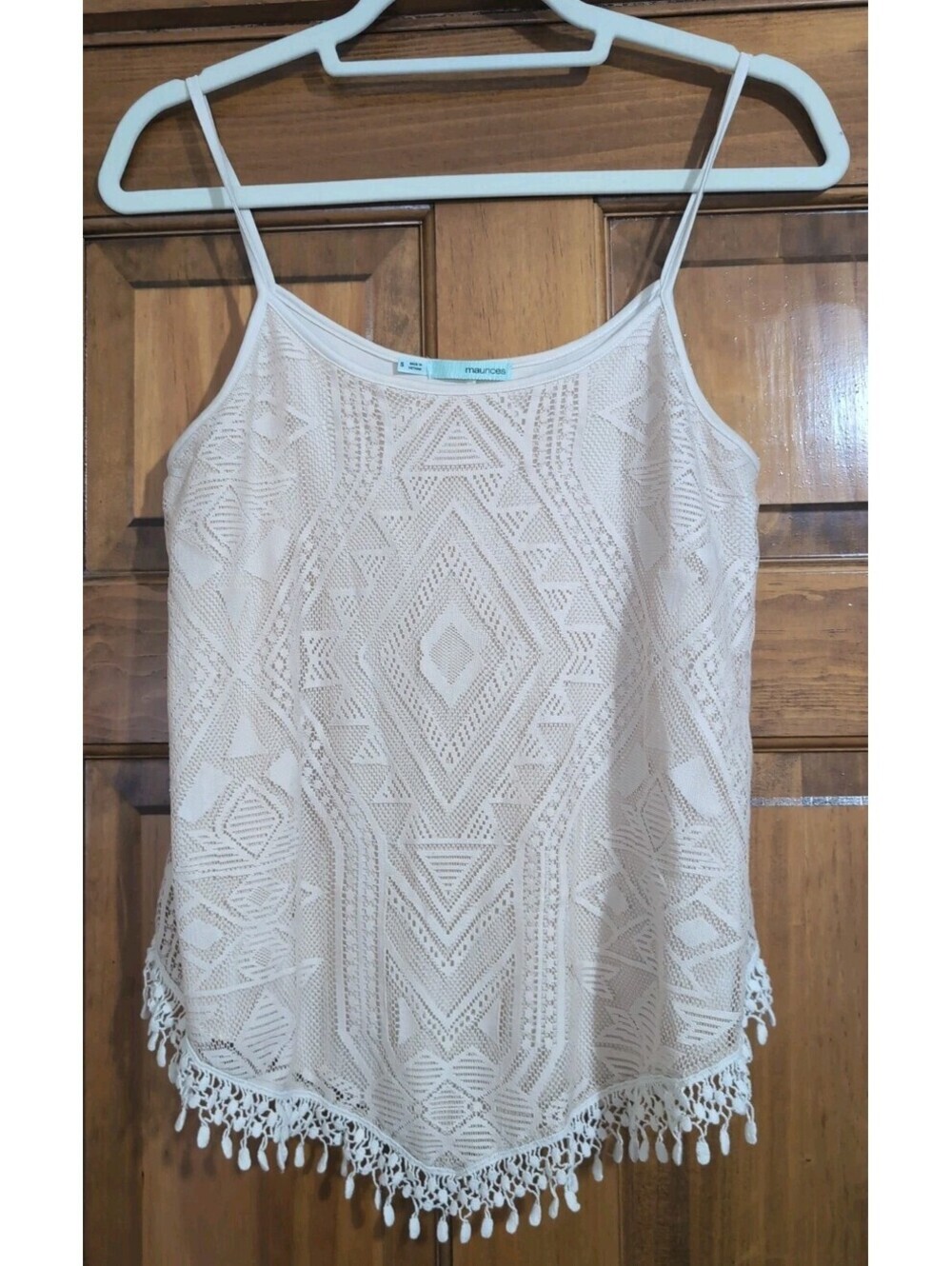 Maurices Mesh Crochet Overlay Cami Top Y2K Beige Tassel Aztec Woman's S(1458)C